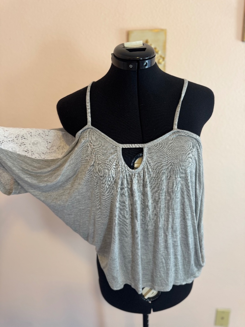 Boho cold shoulder festival crochet lace gray top Medium NWT